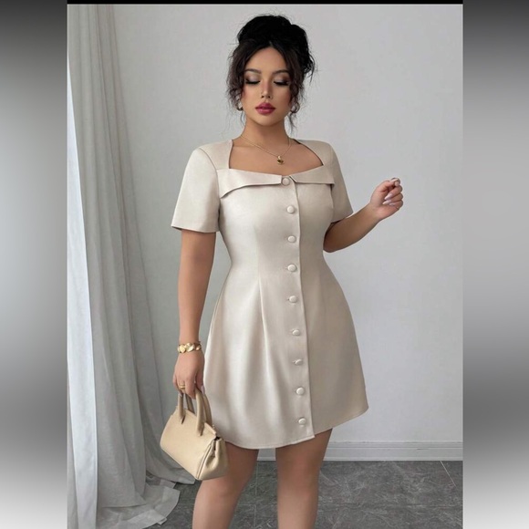 Cream Buttoned Sheath Mini Dress - Picture 3 of 8